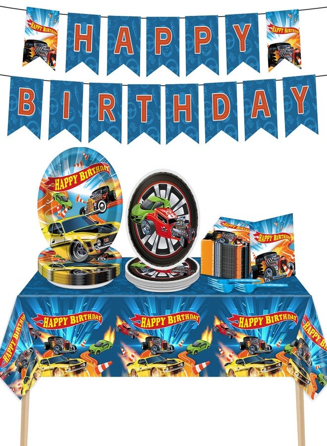 تفكس جيه مجموعة أدوات مائدة للاستخدام مرة واحدة لحفلات أعياد ميلاد الأولاد، تتضمن 98 قطعة من لوازم حفلات سيارات السباق، وأطباق ورقية، ومناديل، ومفرش طاولة بلاستيكي مستطيل، ولافتة، وشعار سيارات السباق. تكفي لـ 24 شخصًا. - Image 1